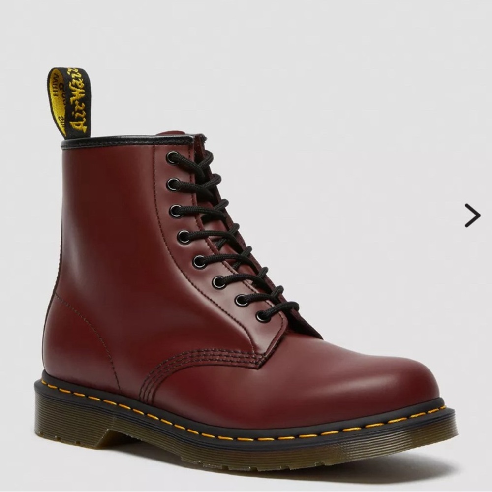 Laced Dr. Martens Red Boots: Smooth Leather Lace Up boots